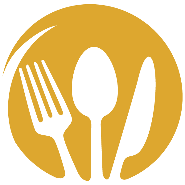 A fork, knife and spoon in a yellow circle.